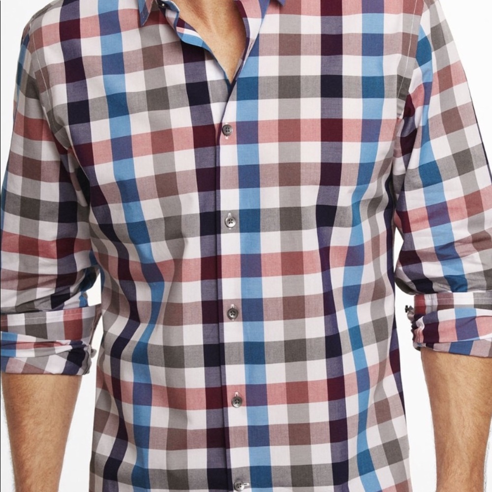 Express Men's Multi-Color Plaid Button-Up Shirt - Blue, Red, Brown, Gray, White